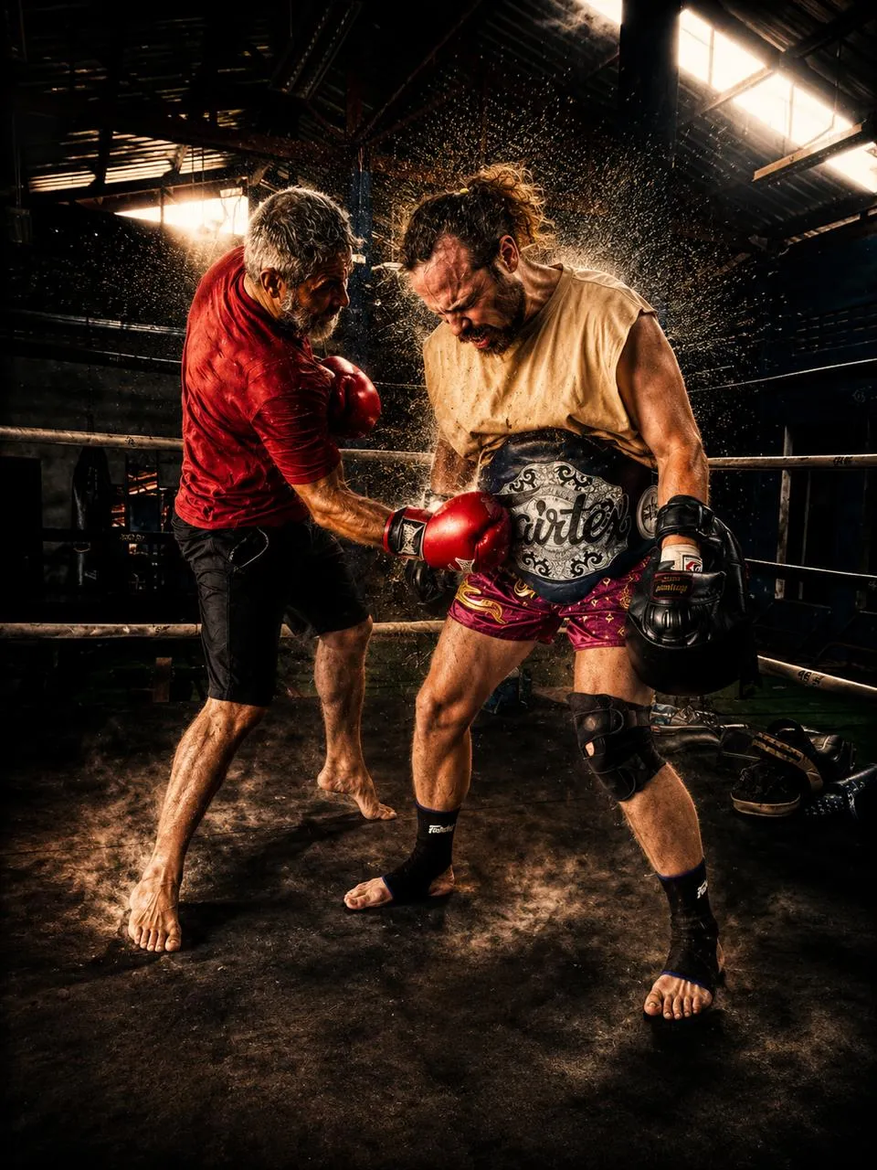 Two fighters training Muay Thai at Naga Gym in Pakse, Laos